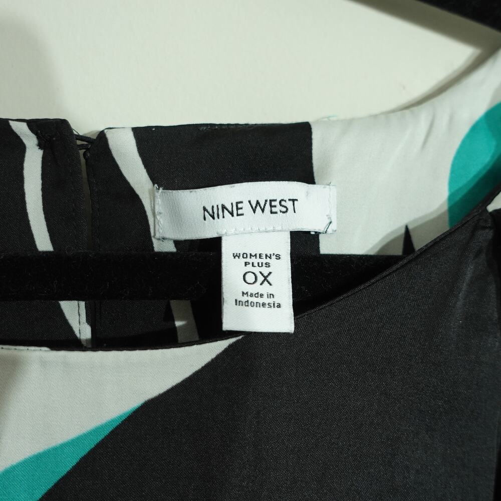 Nine West Womens Blouse Balloon Bubble Sleeve Geometric Print Teal Black Size OX - Picture 2 of 5